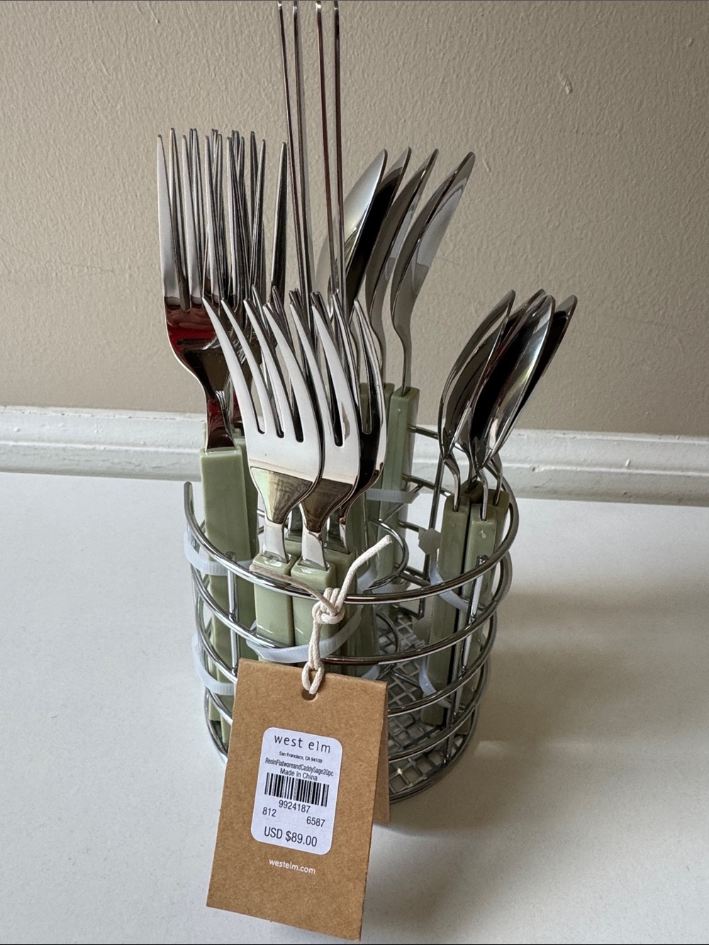 NEW West Elm Olive Green Stainless Steel/Resin Flatware Set with Wire Caddy